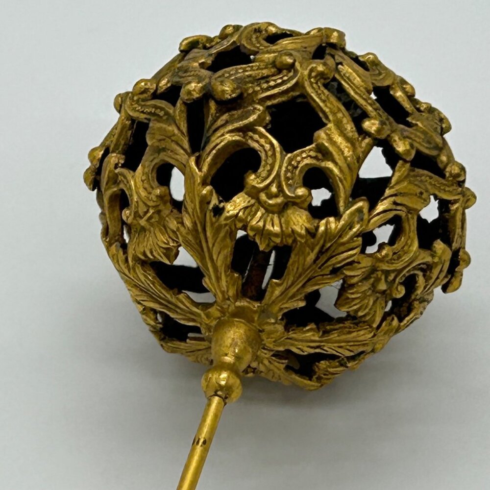 Antique Edwardian Hat Pin Gilded Brass Filigree Red Cabochon 1900s 9" READ - Picture 13 of 16
